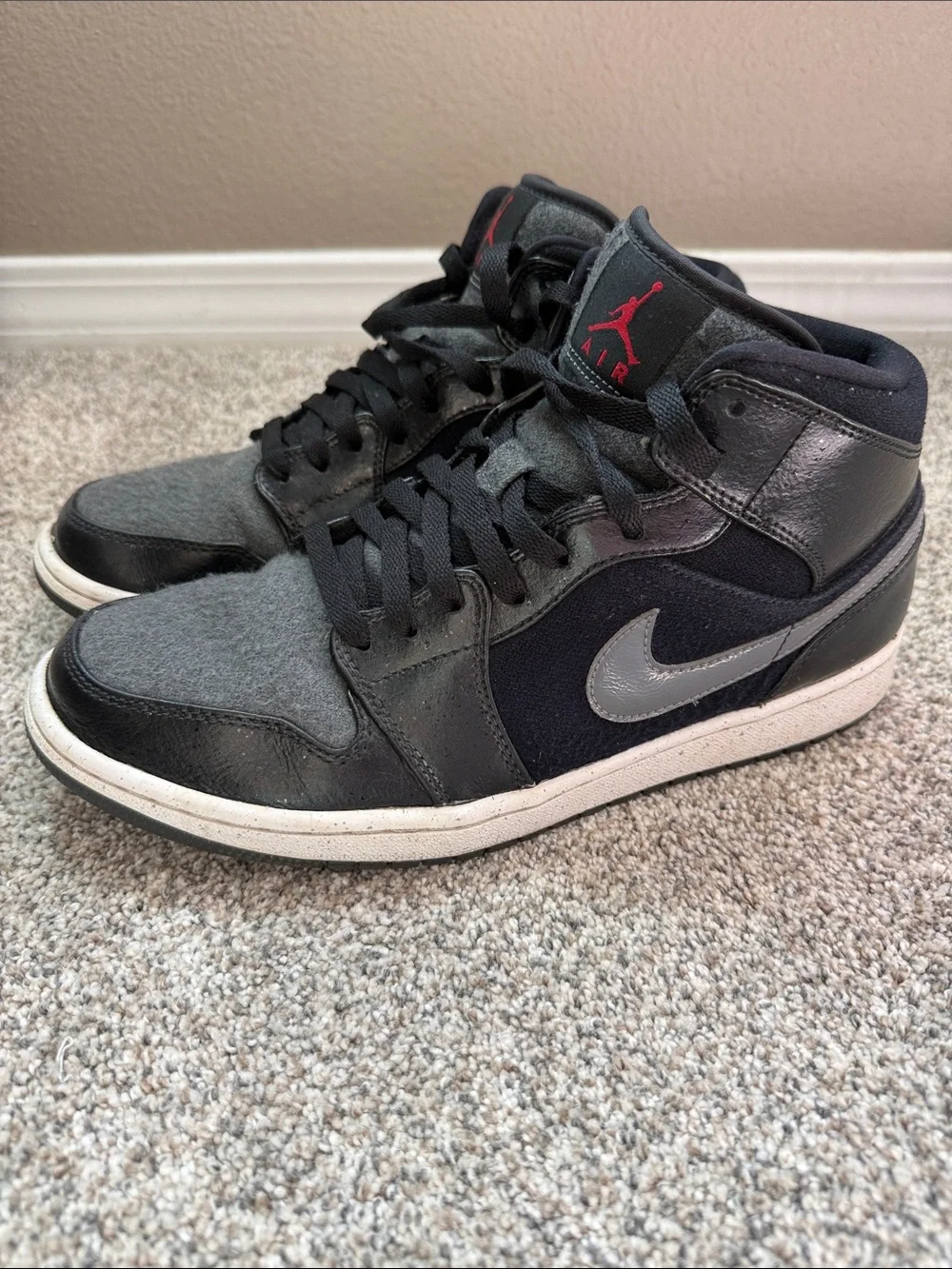 Jordan 1 Mid-Top Sneakers in Black, Gray & Red Jump man
